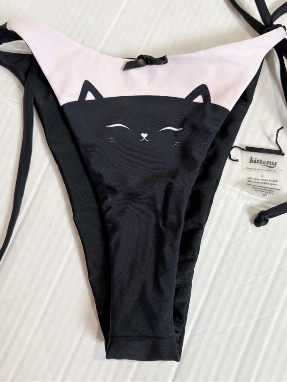 Kitteny Minou Kitty Cat Bikini Bottoms Size Large String Bikini Cheeky Black - Picture 10 of 14